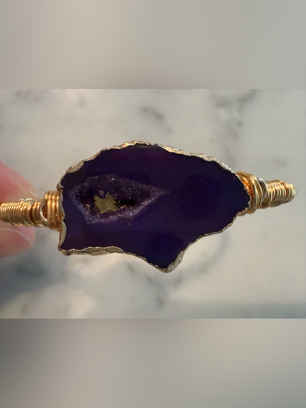 Gold Cuff Bracelet with Purple Geode Stone